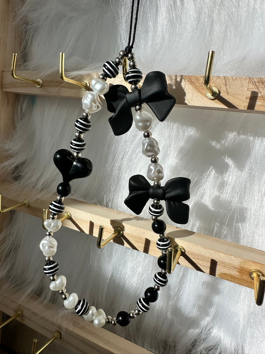 Black Bow Pearls and Heart Keychain or Wristlet Accessory