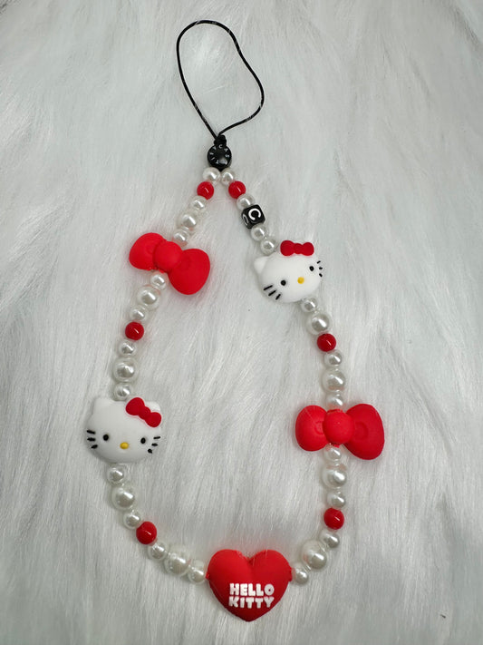 Phone Chain-Cutesy White Kitty Pearls & Red Bows