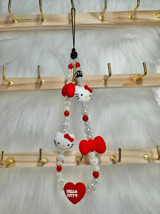Phone Chain-Cutesy White Kitty Pearls & Red Bows