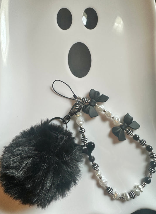 Black Bow Pearls and Heart  Keychain or Wristlet Accessory